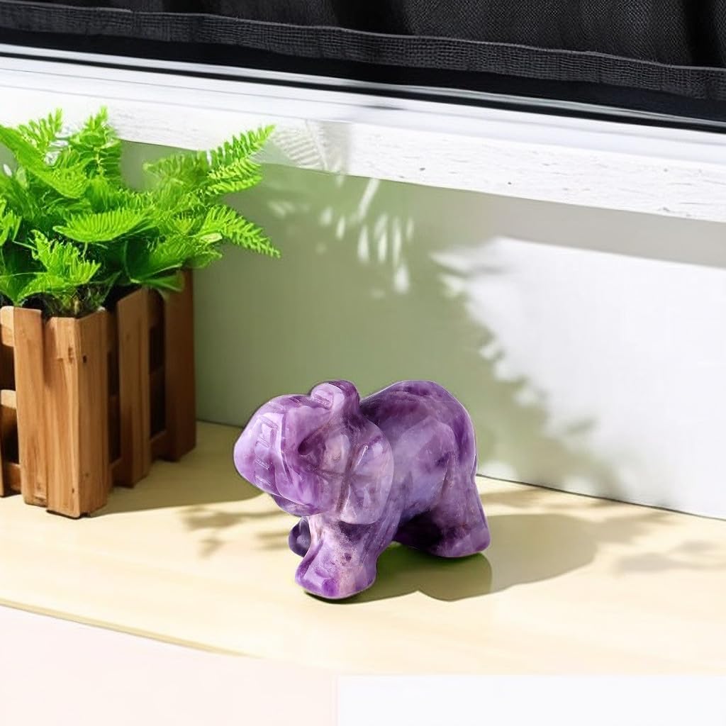 QINJIEJIE Amethyst Elephant Decor Statue Crystals Healing Stones Crystal | Pocket Figurines Cute Ivory Wedding Anniversary Sculpture Gemstones Home Office Desk Purple Decor Elephant Gifts for Women