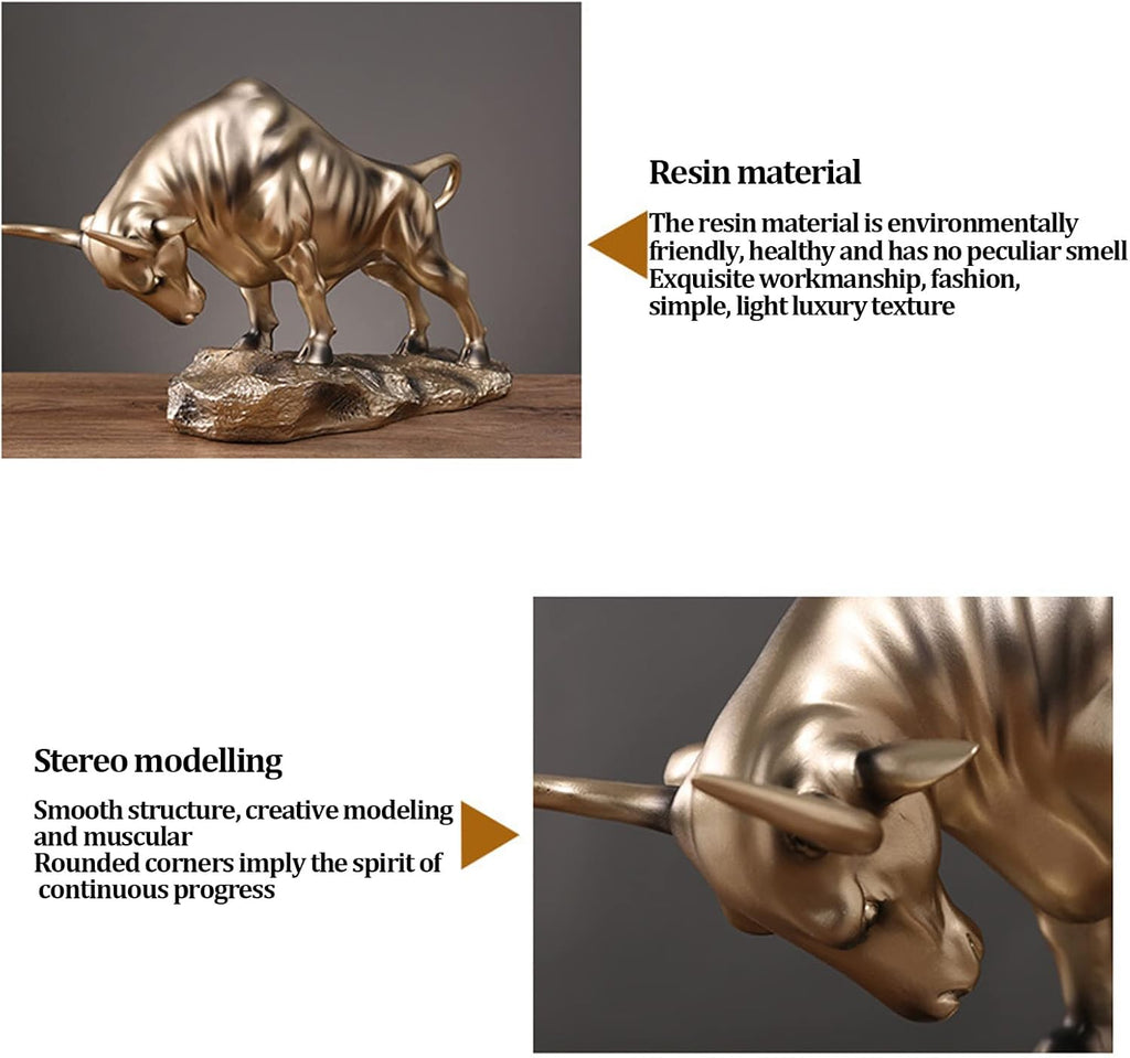 Golden Feng Shui Bull Sculpture Made of Resin - Ox Figure for Happiness, Career and Wealth - Chinese Souvenir, Gift, Home Office Table Decoration for TV Cabinet