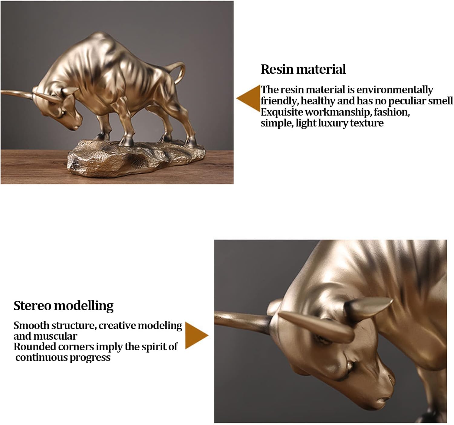 Golden Feng Shui Bull Sculpture Made of Resin - Ox Figure for Happiness, Career and Wealth - Chinese Souvenir, Gift, Home Office Table Decoration for TV Cabinet