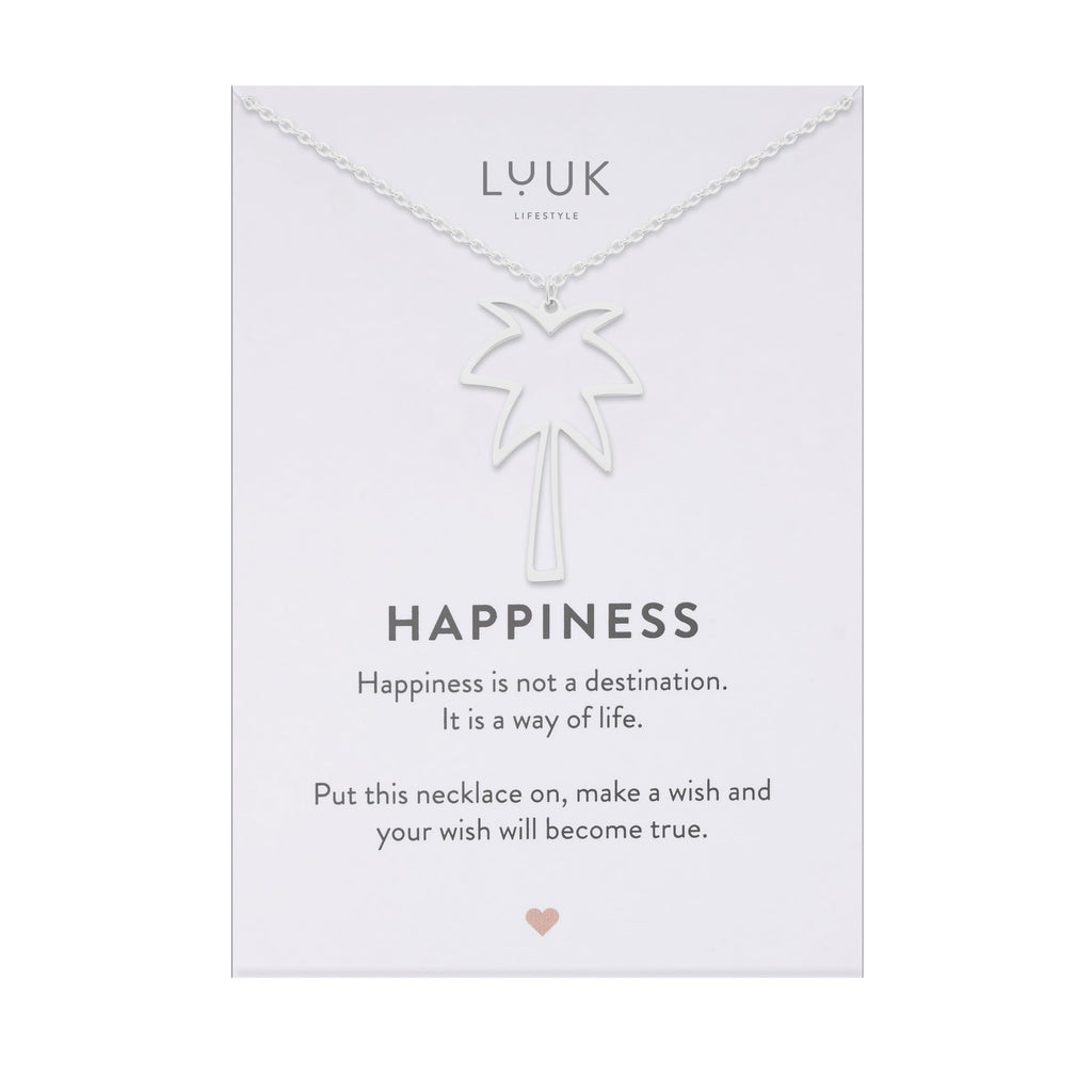 LUUK LIFESTYLE Filigrane Halsketten mit Anhänger und Karte mit HAPPINESS Spruch, zeitloses Design und moderne Motive, in Silber, Gold und Rosegold