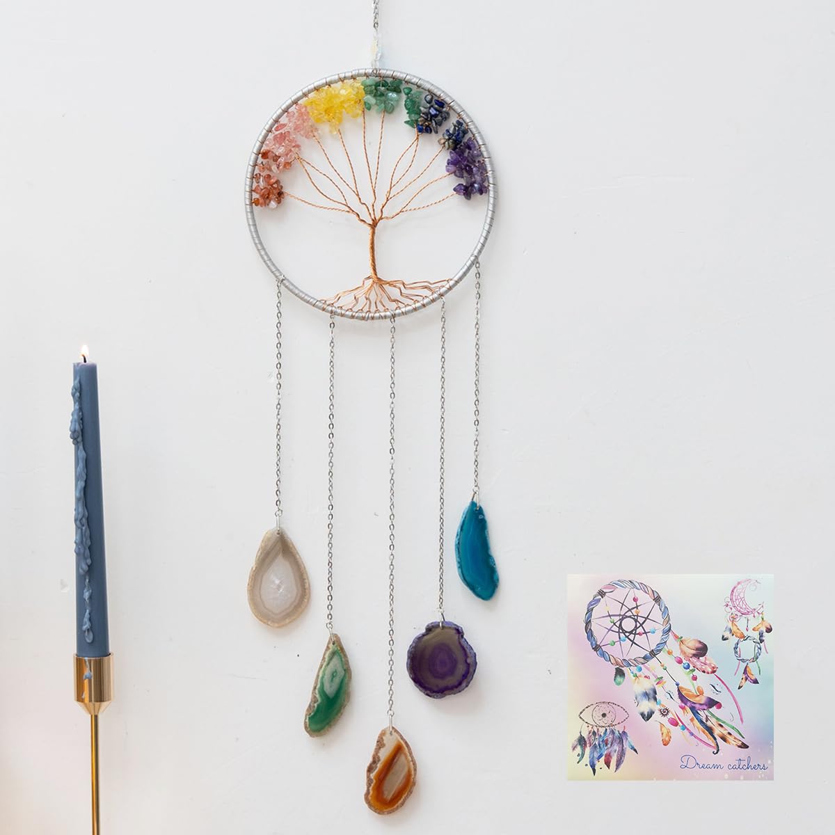 Tree of Life Dream Catcher with Natural Stone Boho Wall Hanging Decor