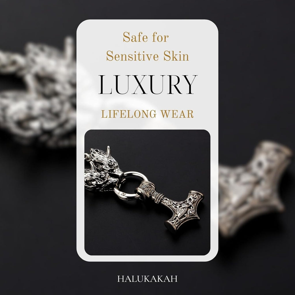 Halukakah Wikinger Thorshammer Halskette für Herren – Antiker Sterlingsilber-Ton Titanstahl – Optional mit Armband – Nordischer Mythologie – Geschenk für Männer