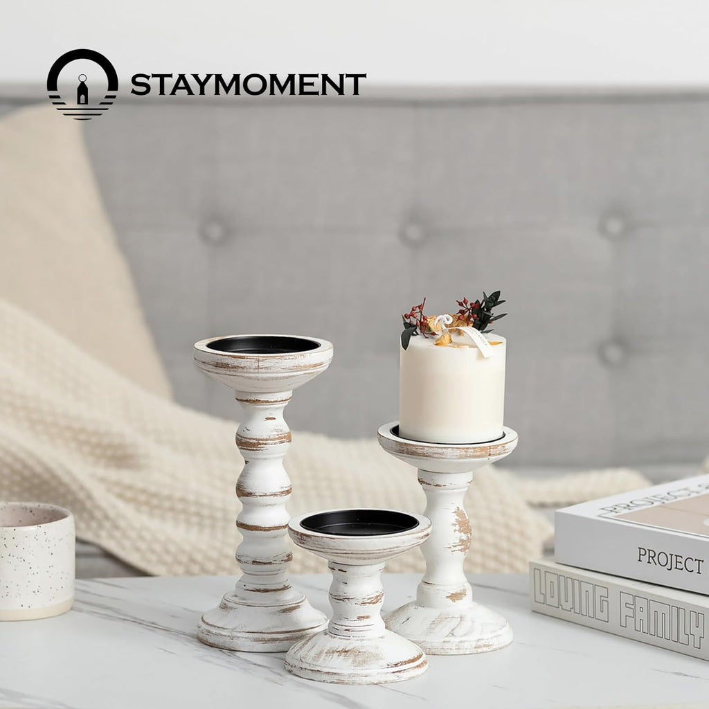 Kerzenständer Holz Landhausstil Deko: 3er Set Kerzenhalter Stumpenkerzen Wohnzimmer Deko Vintage Tischdeko Esstisch Groß Kerzenständer Landhaus Dekoration Fensterbank
