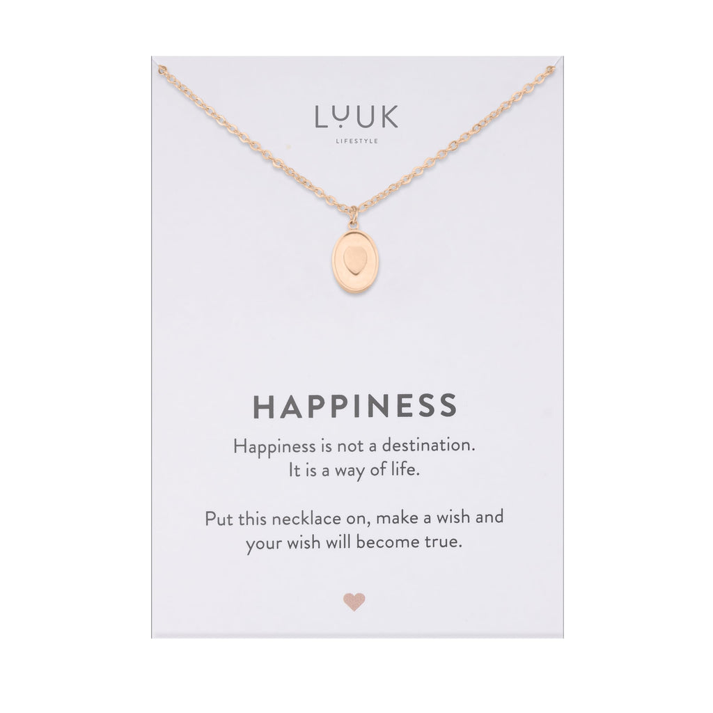 LUUK LIFESTYLE Filigrane Halsketten mit Anhänger und Karte mit HAPPINESS Spruch, zeitloses Design und moderne Motive, in Silber, Gold und Rosegold