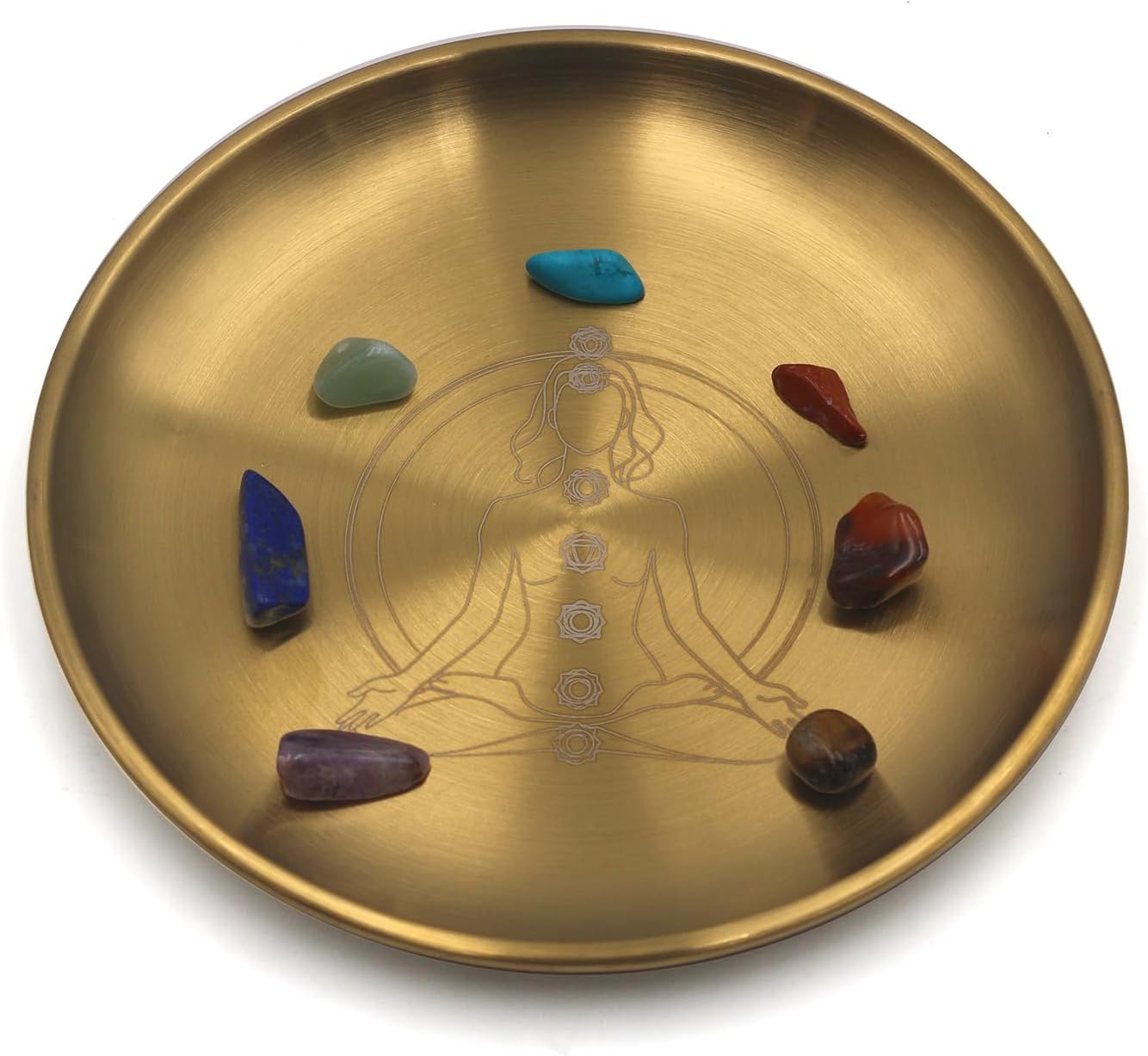 Amitofo Golden Prayer Ritual Bowl with Chakra Gemstone Ideal for Altar, Meditation, Incense Sticks, Smudging, Candles, Crystal, Jewelry, Yoga (Chakra)