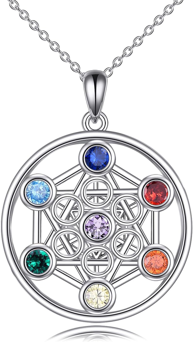 YFN 7 Chakra Necklace Sterling Silver Chakra Pendant Tree / Flower of Life Jewellery Chain Gift for Women Girls Men Boys
