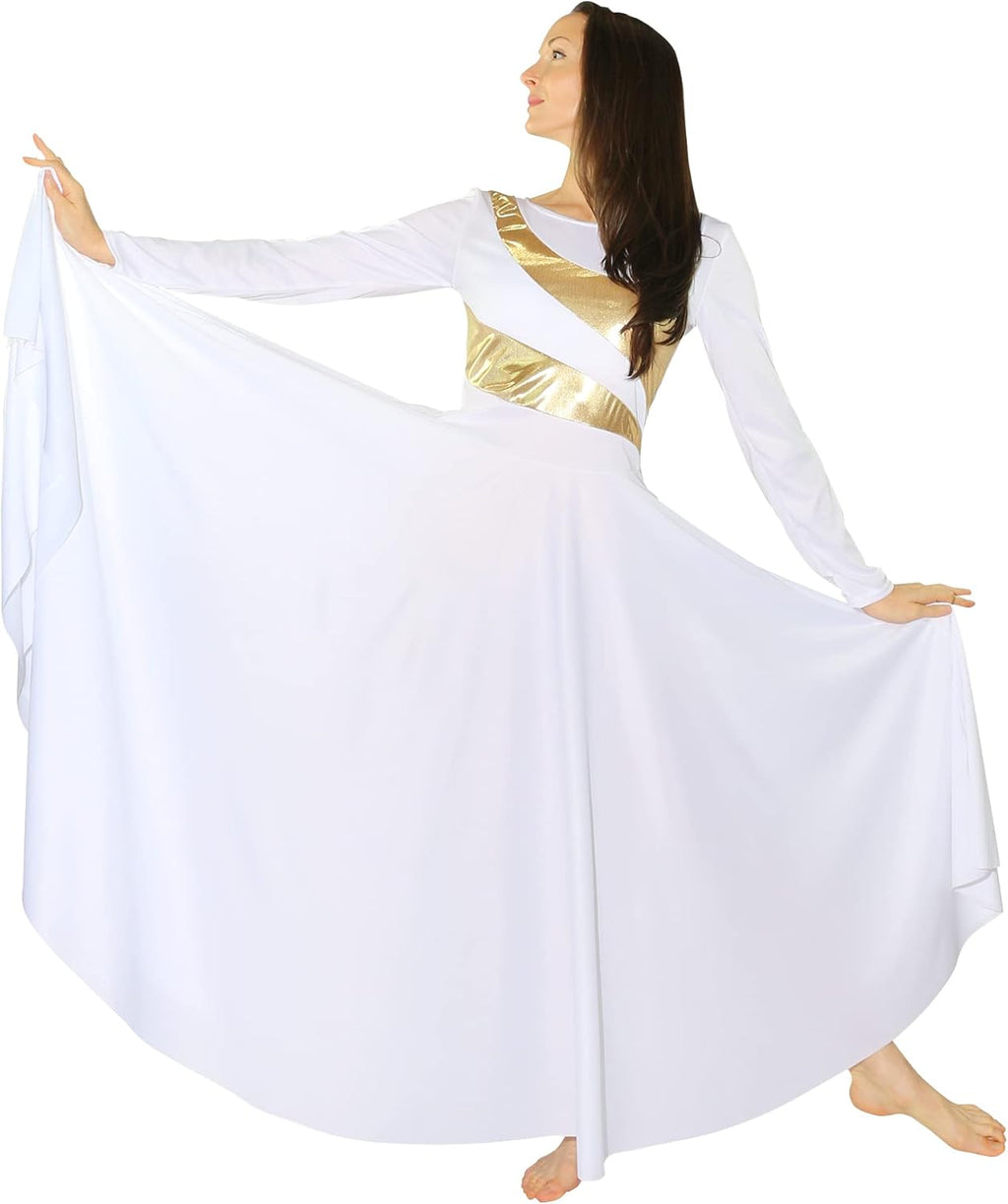 Danzcue Womens Metallic Worship Dance Dress, Metallic Bicolor Full Length Praise Dance Dress