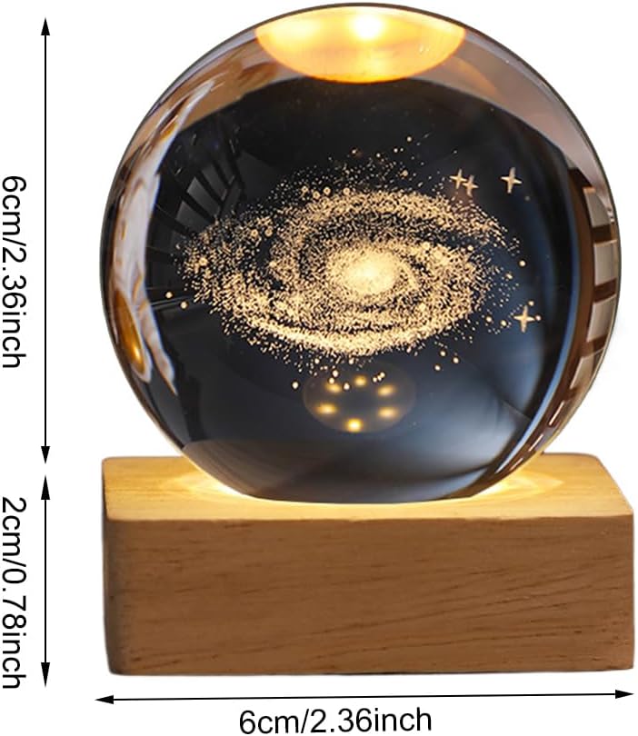 Demiawaking USB 3D Kristallkugel mit Holzsockel 3D Sonnensystem mit LED, Tischdeko Planet Lampe Nachtlicht, Geburtstag Kinder Geschenke, Party Deko (Milchstraße mit Quadrat Holzsockel)
