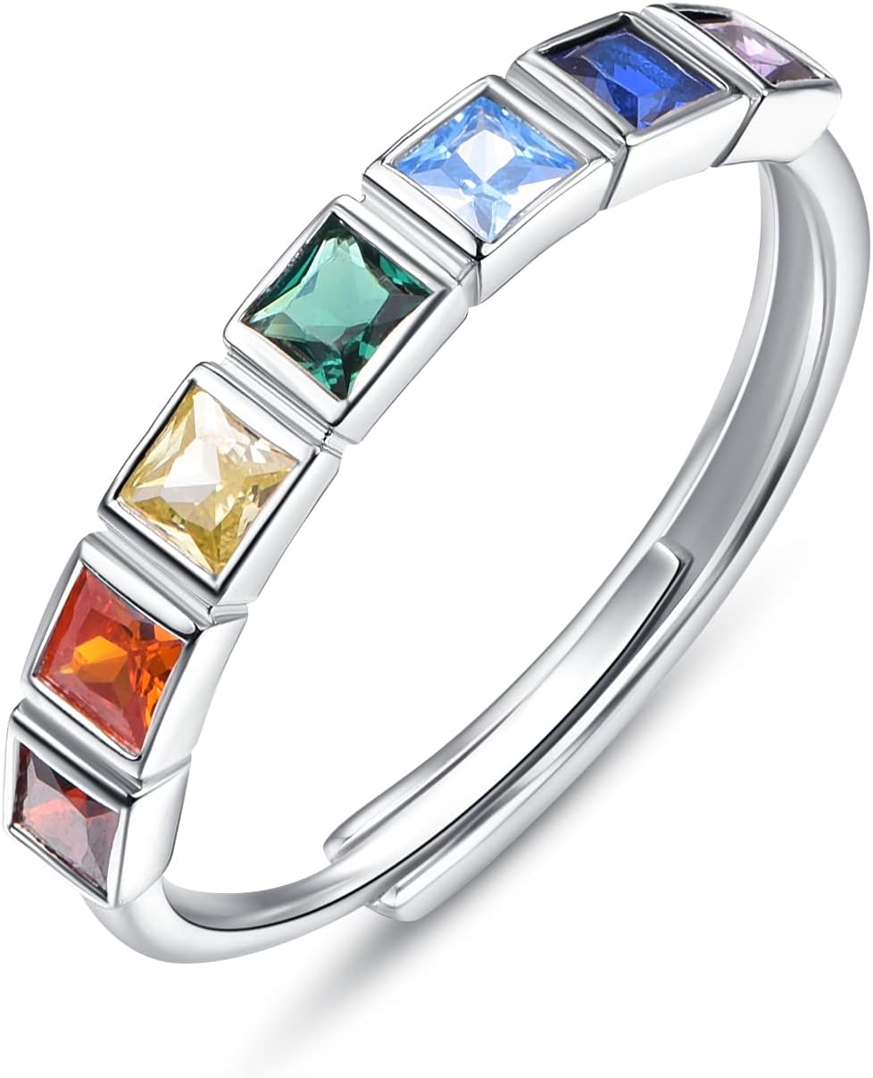 KINGWHYTE Chakra Ring für Frauen 925 Sterling Silber Verstellbare Ringe Heilender Schmuck Chakra-Geschenke für Mama Tochter Yoga-Liebhaber