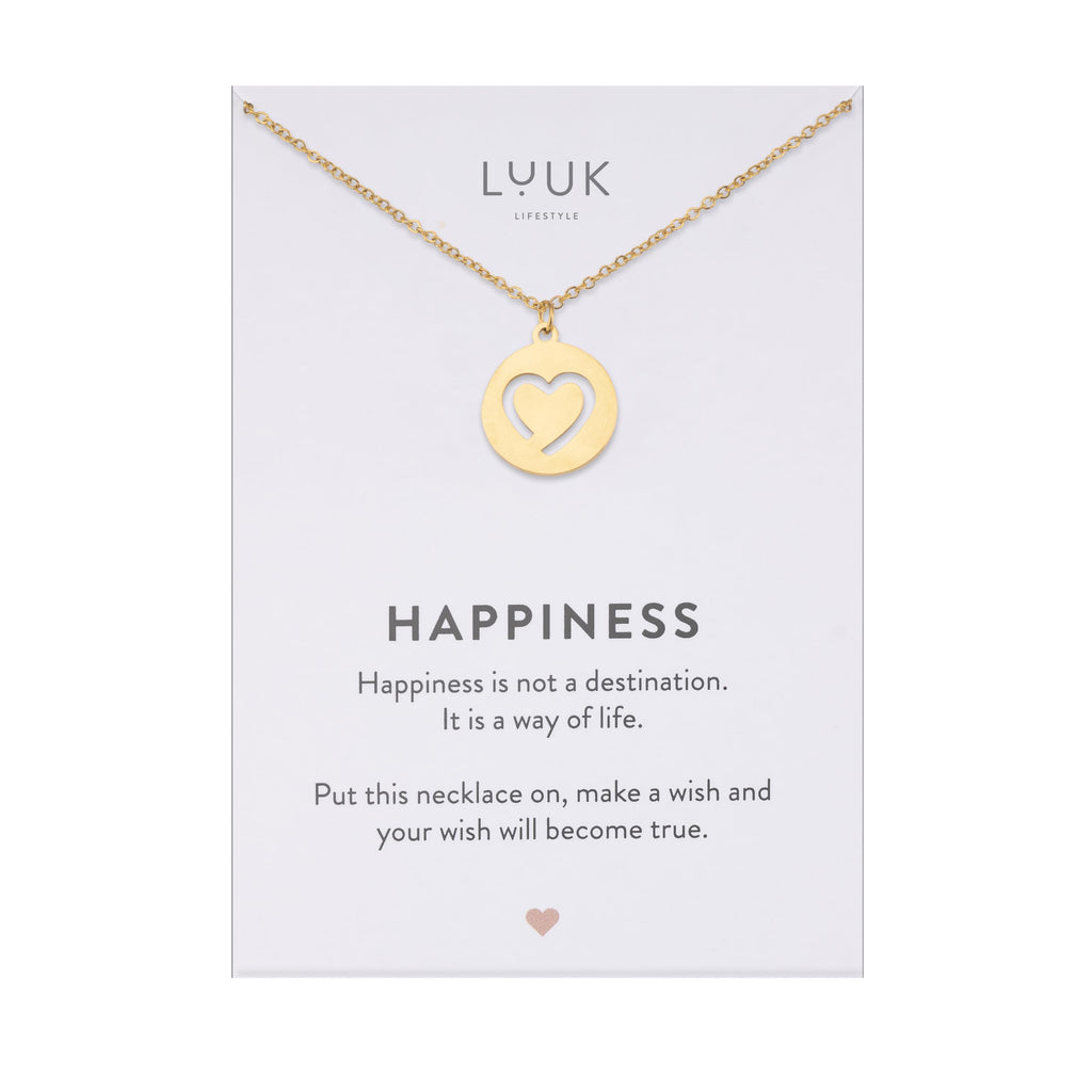 LUUK LIFESTYLE Filigrane Halsketten mit Anhänger und Karte mit HAPPINESS Spruch, zeitloses Design und moderne Motive, in Silber, Gold und Rosegold