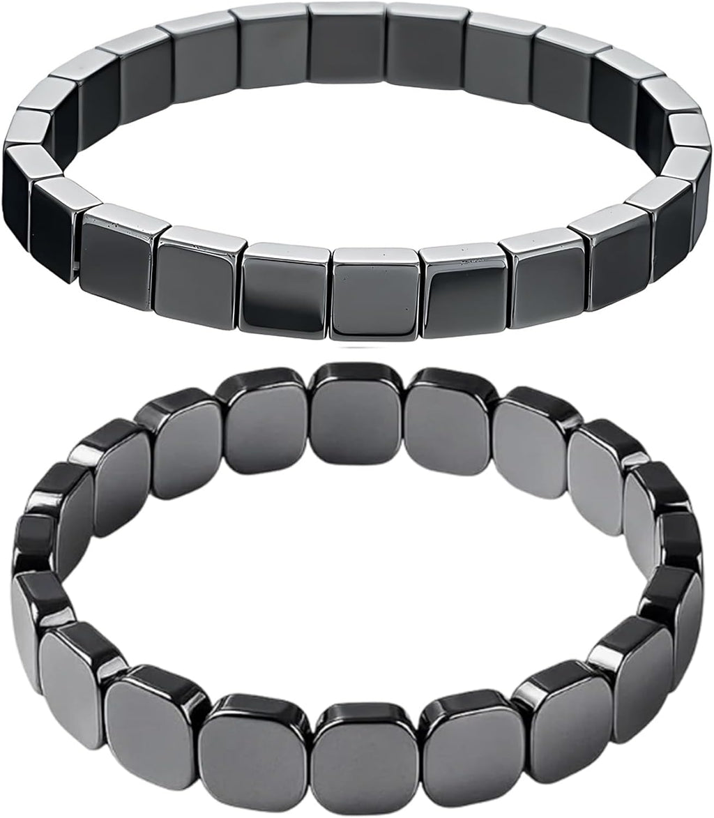 2 Stück Hämatit Armband für Herren, 2 Stilen Magnetarmband Herren, Hämatit Armbänder mit Magnetsteinen, Stilvolles Elastische Männer Armbänder für Sport Alltag Geschenk