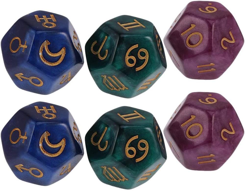 POFET 2 Set 6 Pieces Multicolor 12-Sided Resin Dice Astrology Tarot Constellation Divination Model A