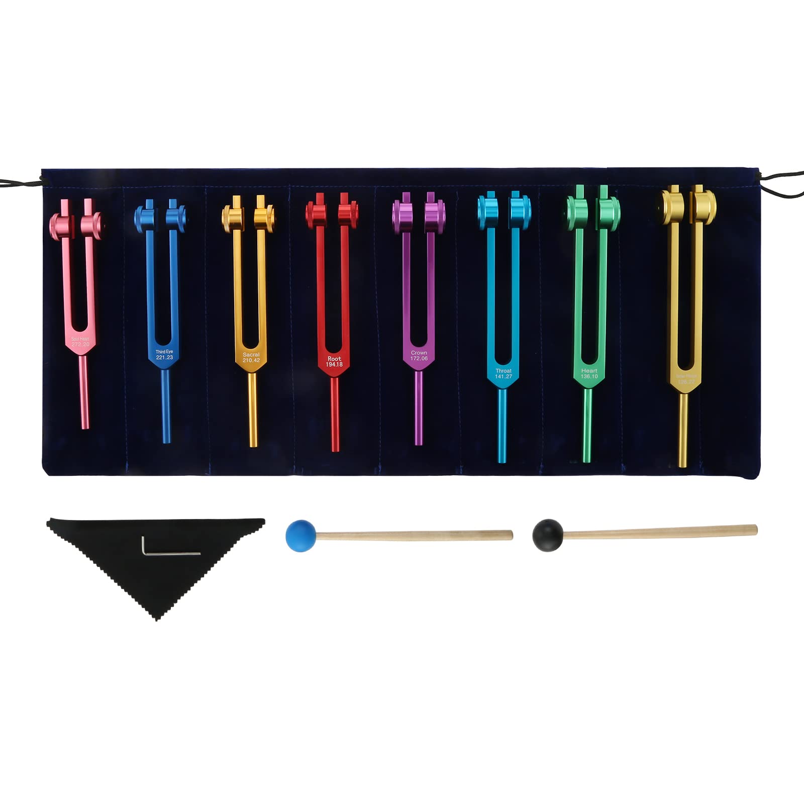 Dreld 9-Piece Solfeggio Tuning Fork Set with Silicone Hammer Bag, 174/285/396/417/528/639/741/852/963 Hz Aluminium Tuning Forks for DNA Repair, Healing, Sound Therapy, Medical Tuning Fork