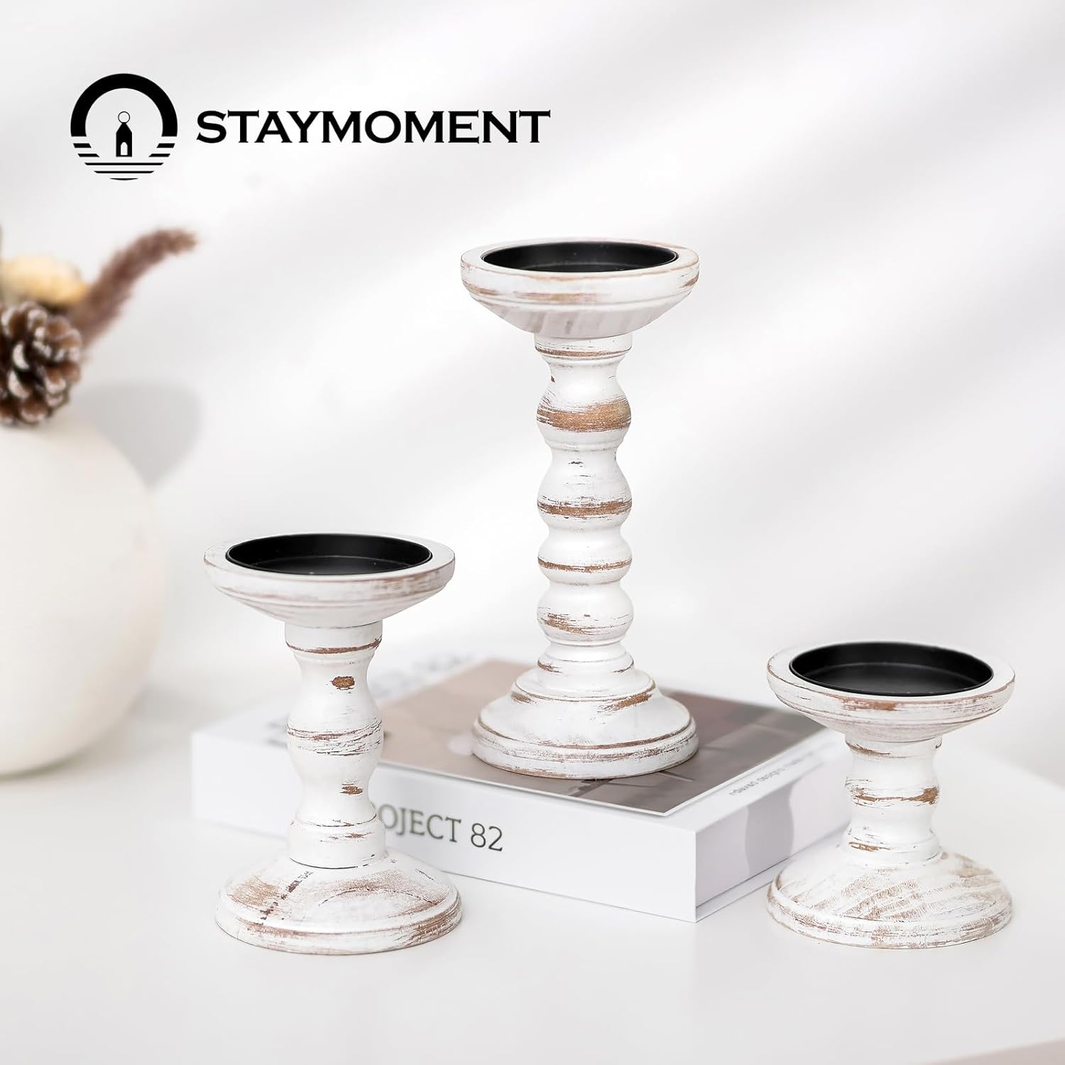 Kerzenständer Holz Landhausstil Deko: 3er Set Kerzenhalter Stumpenkerzen Wohnzimmer Deko Vintage Tischdeko Esstisch Groß Kerzenständer Landhaus Dekoration Fensterbank