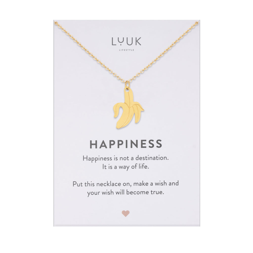 LUUK LIFESTYLE Filigrane Halsketten mit Anhänger und Karte mit HAPPINESS Spruch, zeitloses Design und moderne Motive, in Silber, Gold und Rosegold