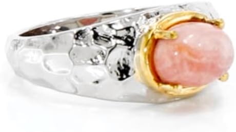 Cavill Silberring 925 platinierter Rhodochrosit 1,91 ct ovaler Cabochon aus Argentinien, moderner gehämmerter Look mit goldfarbenem Akzent, elegant roséfarben, 24x21 mm