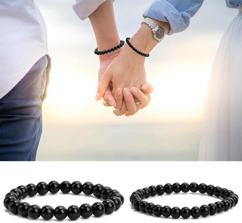Pack of 2 Black Tourmaline Bracelets, MM Gemstone Bracelet, Natural Stone Bracelet, Large Stretchy Bracelet, Balls on Elastic Nylon Thread, Hand-Made, 18 centimetres, 100% brand