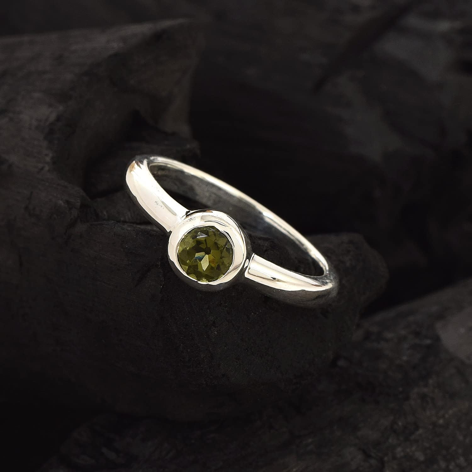 Moldavite Damen-Ring, massives 925er Sterlingsilber, FSJ-5747