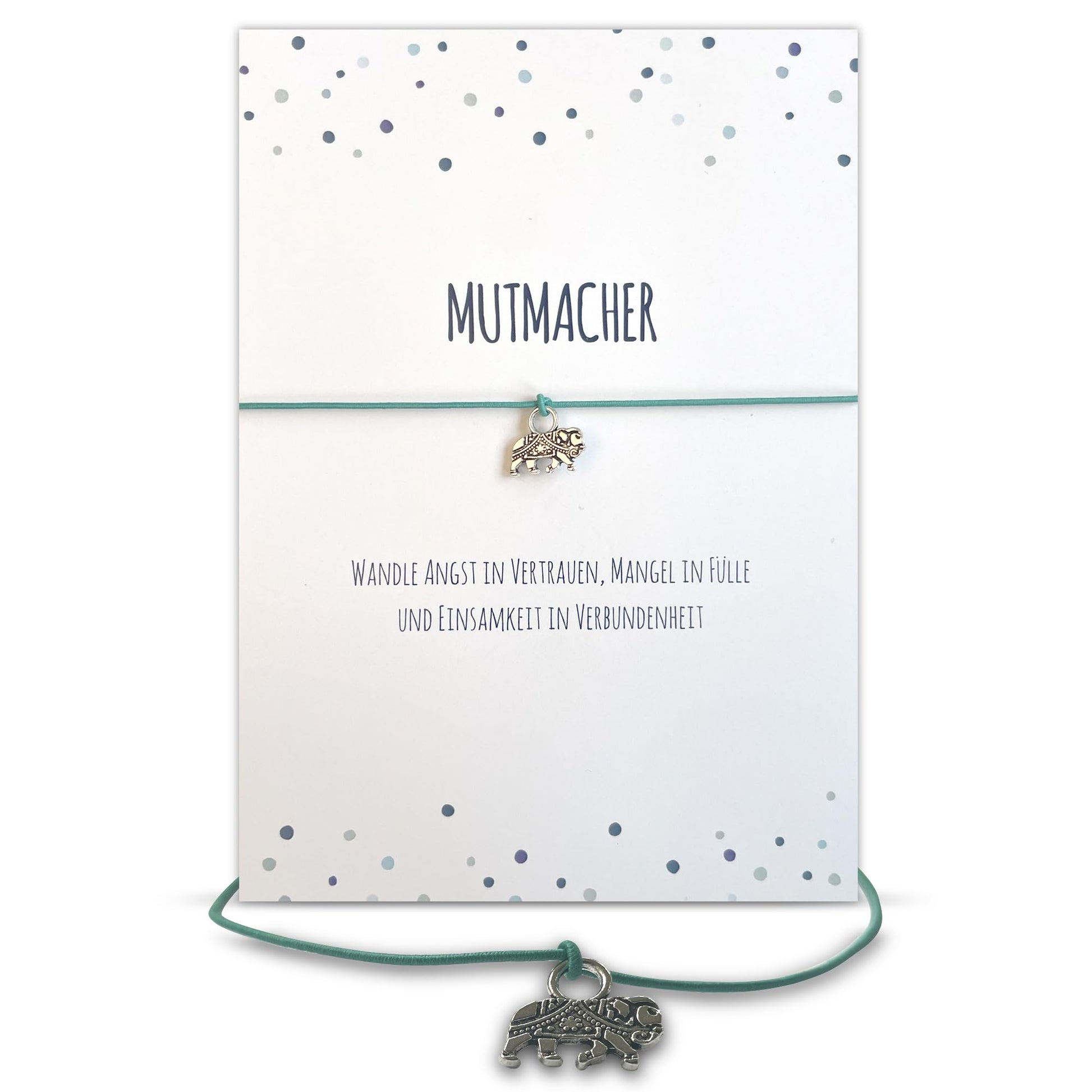 Glücksschmiedin - Mutmacher Geschenk, Motivations Postkarte mit Kraft Armband und Elefant Anhänger handgefertigt