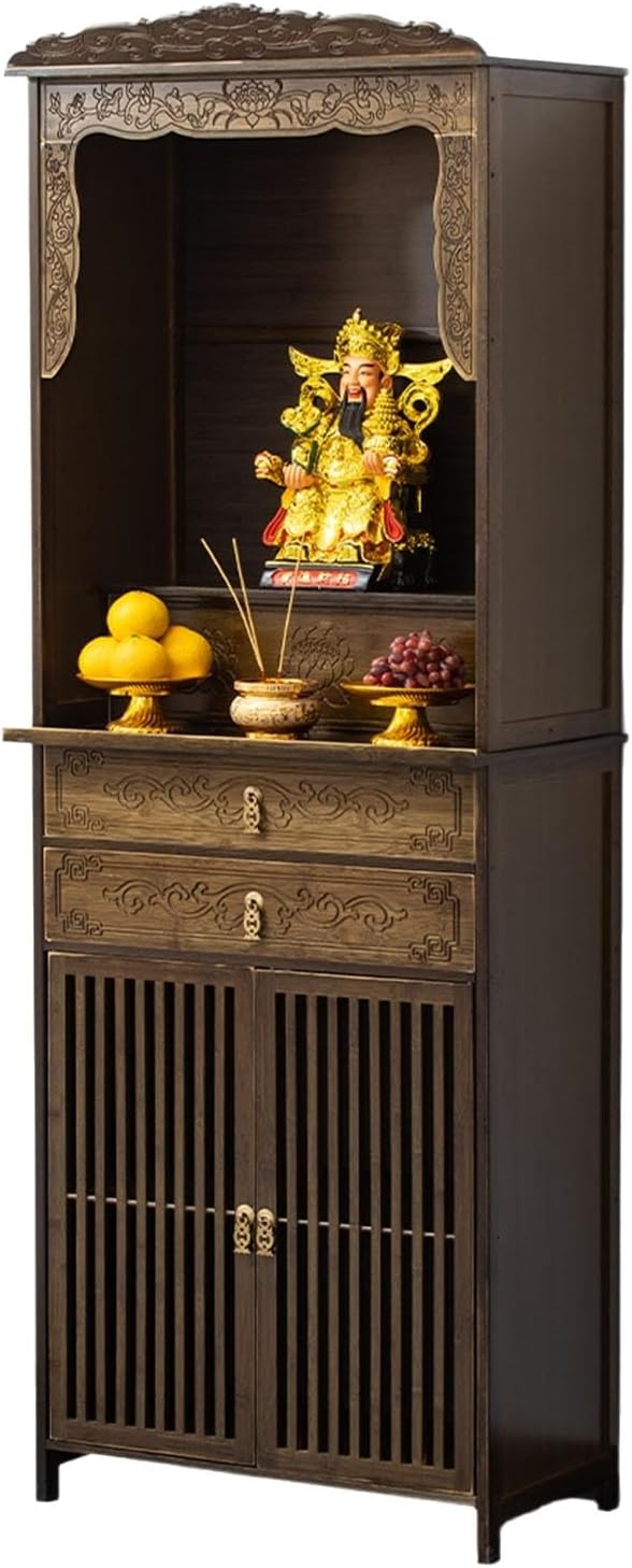 Altartisch im chinesischen Stil mit Lotusschnitzerei – Aufbewahrungsschrank aus Bambus for Meditation, Gebetspräsentation, Heimdekoration(60 * 36 * 186cm/23 * 14 * 73in)