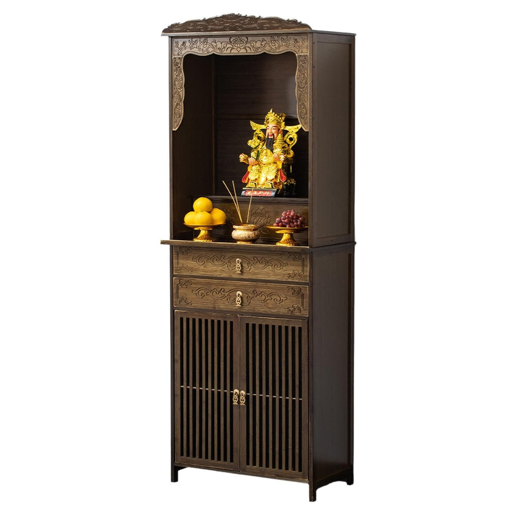 Altartisch im chinesischen Stil mit Lotusschnitzerei – Aufbewahrungsschrank aus Bambus for Meditation, Gebetspräsentation, Heimdekoration(60 * 36 * 186cm/23 * 14 * 73in)