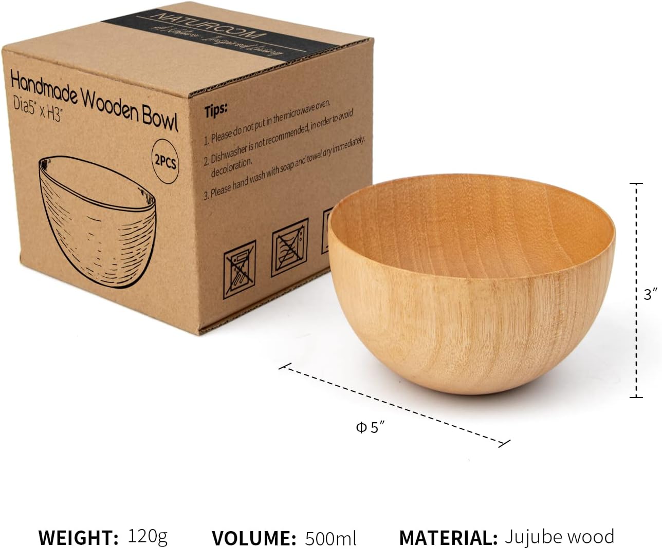 Naturoom Handgefertigte Deko-Holzschalen, stabile Holzschalen, perfekt für Müsli, Salat, Nüsse, Süßigkeiten, Reis, Obst, Dips und Dekorationen. (14 cm Durchmesser x 6,1 cm Höhe) (Natural-Large-2)