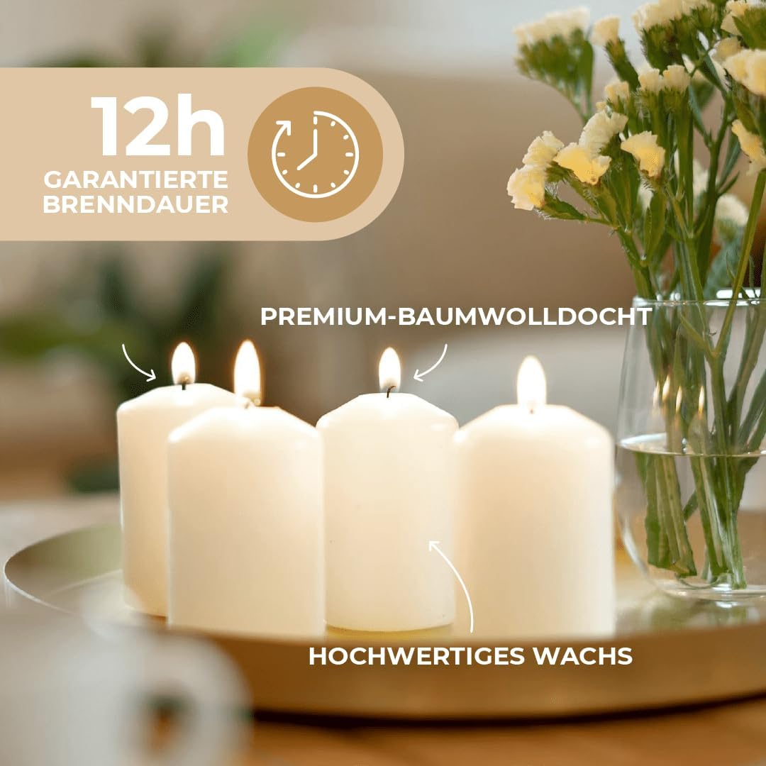 Horeca Candles - Stumpenkerzen - Weiß - Ø 4 x 7 cm - 20er Set Blockkerzen - Lange Brenndauer 12 Stunden - Ohne Duft - Kerzen für Haushalt, Feiern und Gastronomie