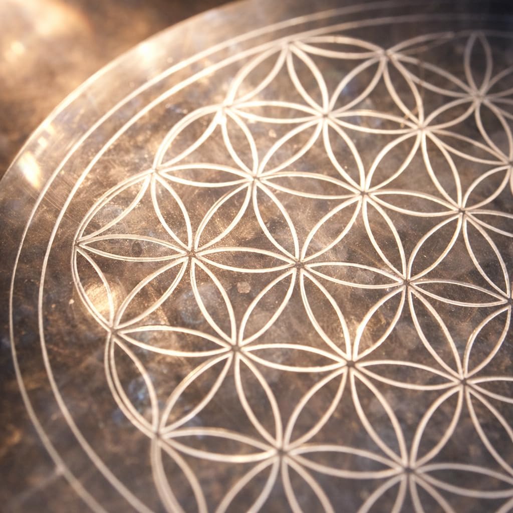 NKlaus Selenite Plate 12 cm - Handmade Healing Stone Charging Plate with Flower of Life Engraving, Polished & Energising, Ideal for Reiki, Meditation & Decoration