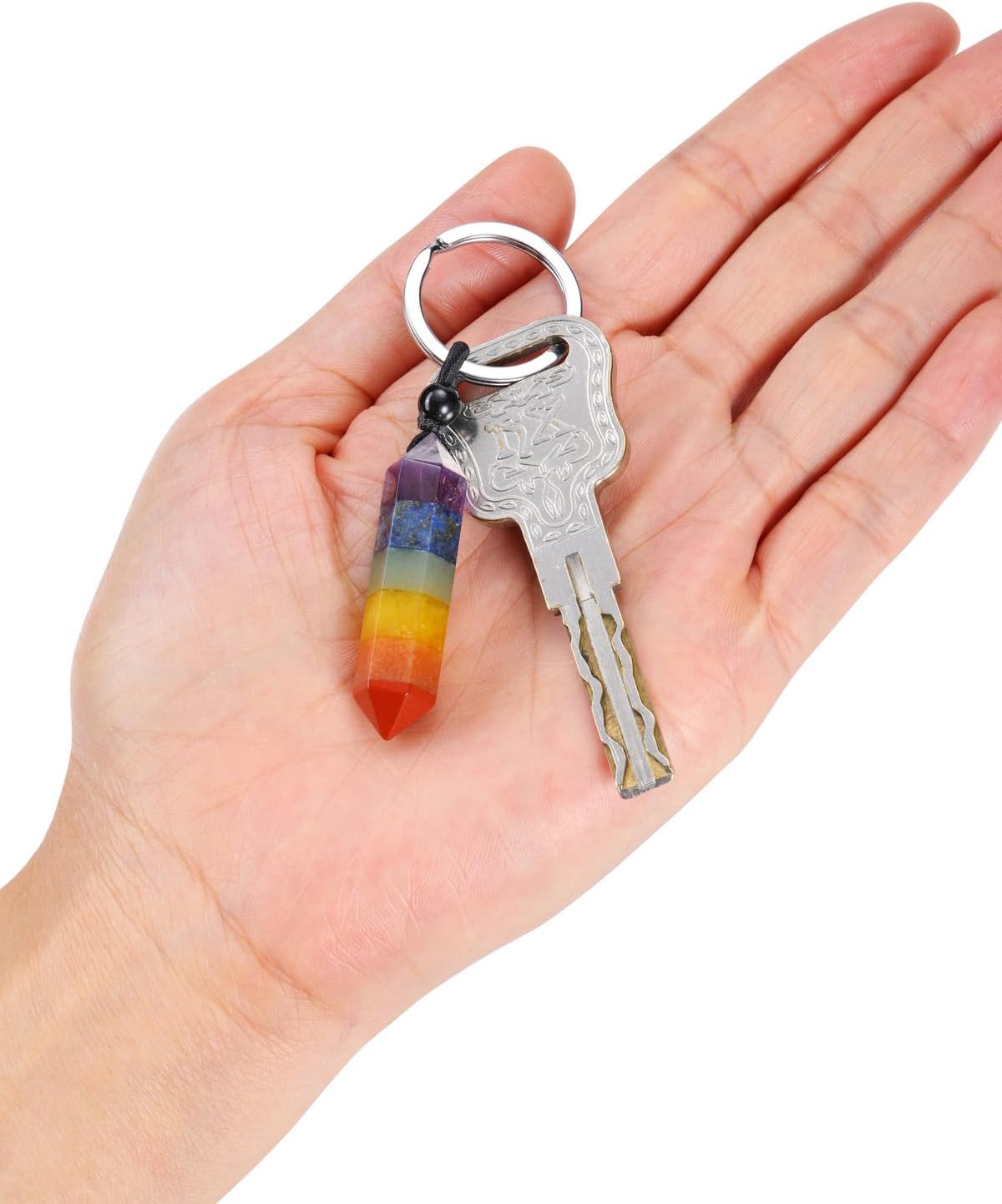 Zysta Gemstone 7 Chakra Keyring Natural Healing Stones Key Ring Hexagon Pendant Healing Reiki Energy Therapy Lucky Keychain for Men and Women, multi-coloured