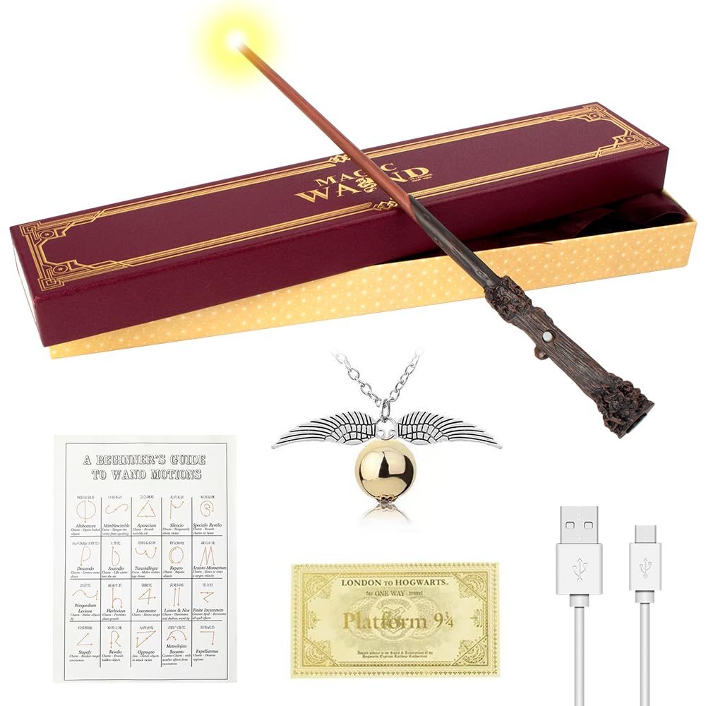 Voldemort Zauberstab Glühen, Zauberstab Voldemort mit Licht, USB Aufladung zauberstab Voldemort, Volde-Mort Harry stab in Geschenkbox mit Zauberspruch-Karte, Stationsticket und Halskette