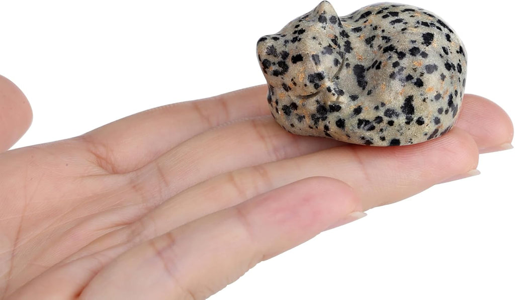 QINJIEJIE Dalmatian Jasper Cat Crystals Figurine Sleeping Cat Figure Statue Gemstones Sculpture Lucky Kitten Cute Decoration Men Women