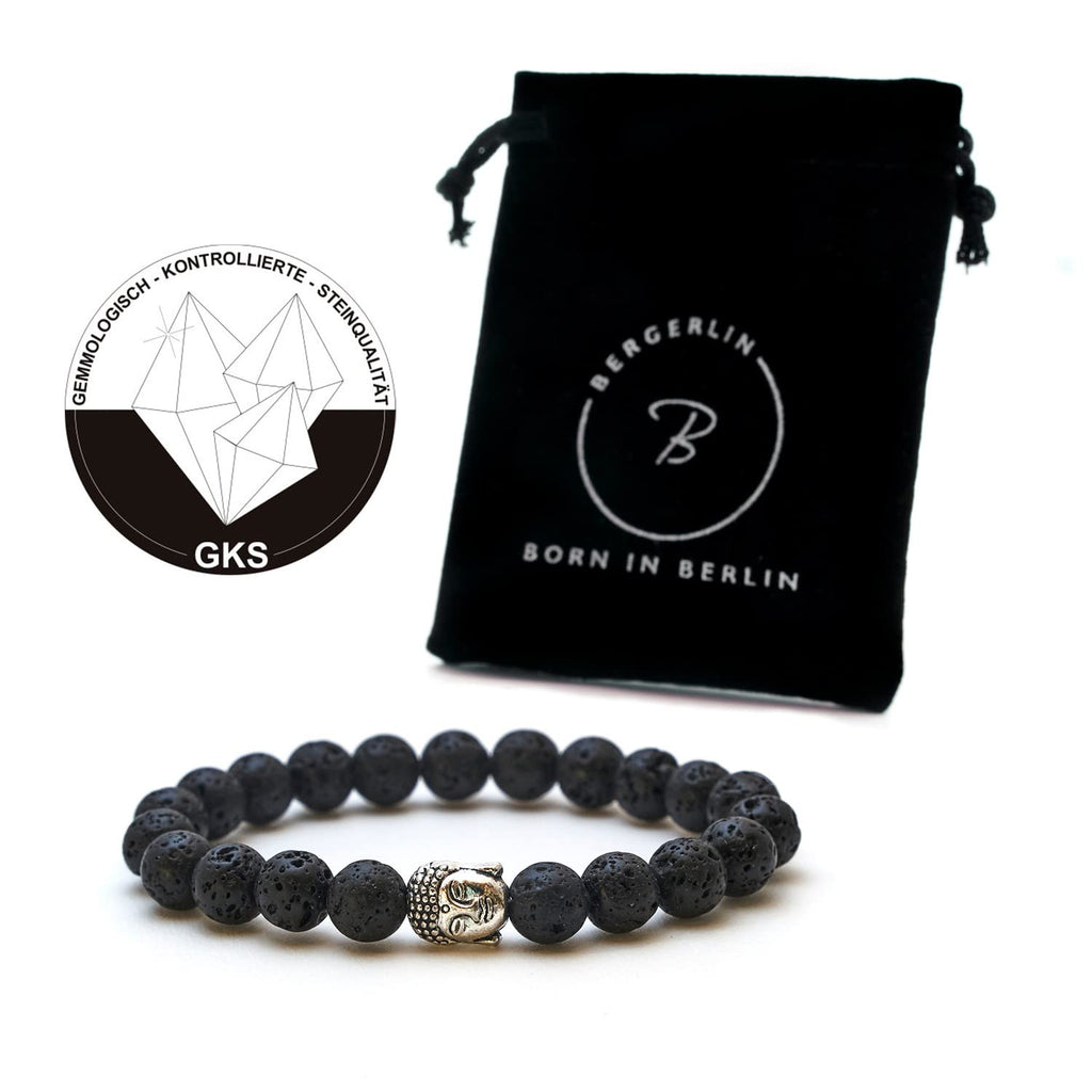 BERGERLIN Buddha Armband - Naturstein geprüft in Deutschland, mit echten Naturstein oder Lavastein Perlen - Naturstein Armband mit Echtheitszertifikat für Damen und Herren