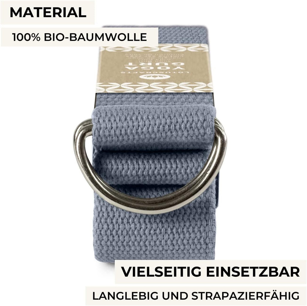 Lotuscrafts® Yogagurt 2,5 m - Yoga-Band zum Dehnen; 100% Bio-Baumwolle, Yogagurt Lang mit Verschluss aus Metall, Yoga-Strap für Einsteiger und Fortgeschrittene, 250 x 3,8 cm