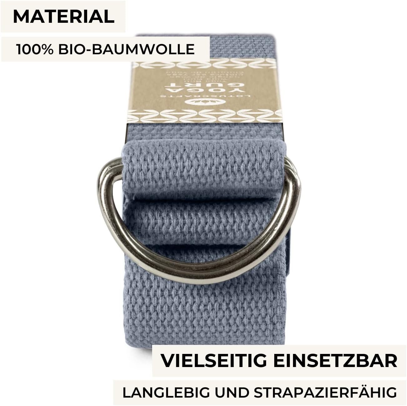 Lotuscrafts® Yogagurt 2,5 m - Yoga-Band zum Dehnen; 100% Bio-Baumwolle, Yogagurt Lang mit Verschluss aus Metall, Yoga-Strap für Einsteiger und Fortgeschrittene, 250 x 3,8 cm