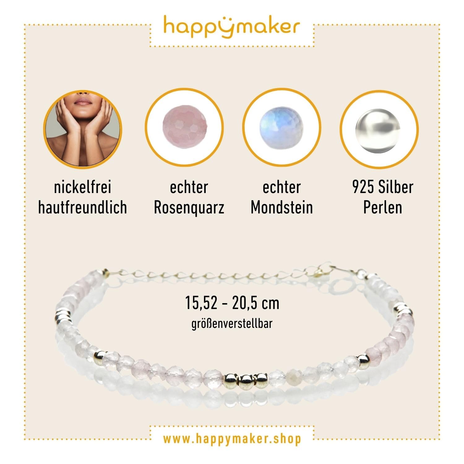 happymaker - Mondstein und Rosenquarz Perlenarmband Damen, handgemacht Edelstein Armband mit Silber 925 Perlen und Verschluss, Silberarmband Geschenkverpackung, Geburtsstein Juni