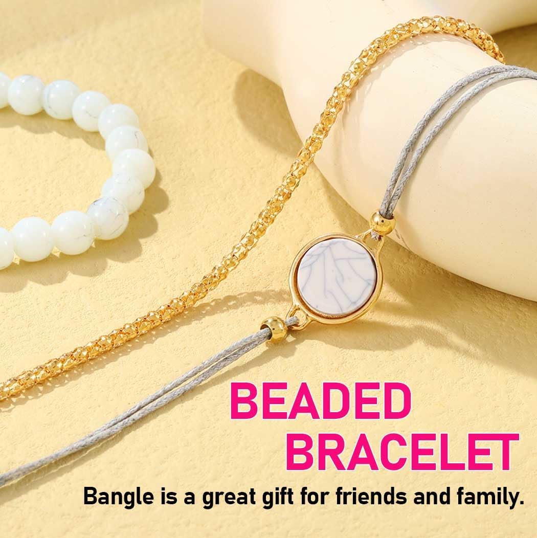 Edary Armband-Set mit Quasten, weißes Marmor-Armband, mit Herz, Perlen-Handkette, verstellbar, für Damen und Mädchen (4 Stück)