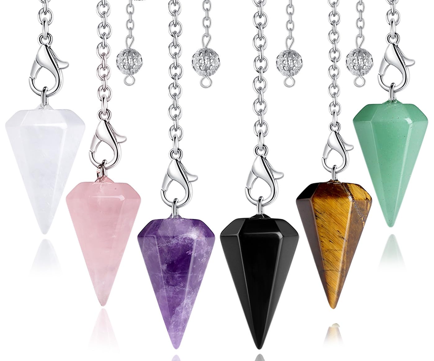 XIANNVXI 6pcs Pendel Set Kristalle Amethyst Stein Rosenquarz Obsidian Lapislazuli Kristall Edelsteine Energetische Pendel Esoterik Pendel mit Kette Spirituelle Reiki Zubehör