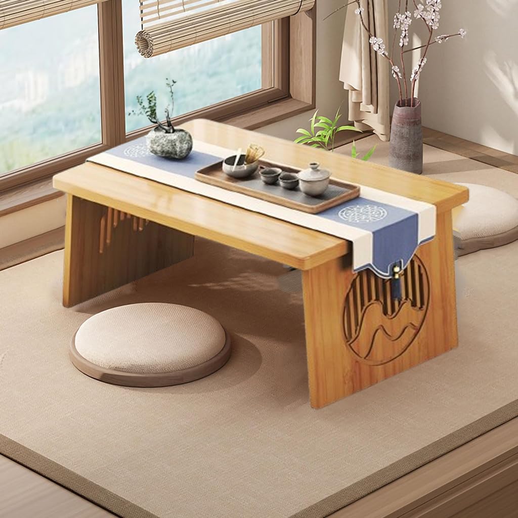 Faltbarer japanischer Stil Boden Kleiner Teetisch, Tatami Couchtisch, niedriger Altartisch für Meditation, für Boden Sitzen, für Essen und Spirituelle Praktiken (Holz, 60x40x30cm)