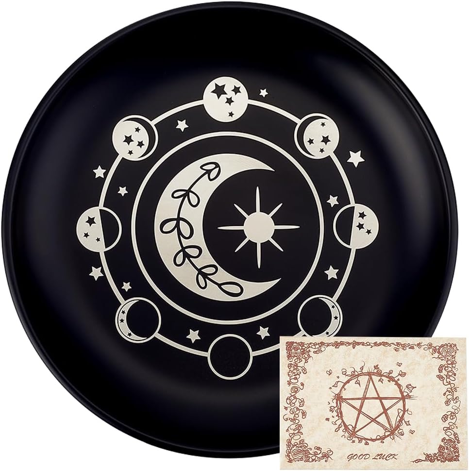 CREATCABIN Phase Moon Star Opferschale Altar Ritualplatte Edelstahl Flache Schale Rundes Tablett Gebetsschale Kerzenhalter Mit Karte Schwarze Schmuckschale Zum Räuchern Räuchergefäß Dekoration 14cm