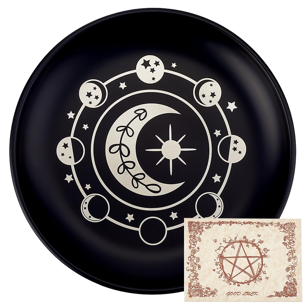CREATCABIN Phase Moon Star Opferschale Altar Ritualteller Schale Edelstahl Flache Schale Rund Schmucktablett Gebet Tarotteller Schwarzer Ringhalter Schmuckstück Mit Karte Zum Räuchern Dekoration 14cm