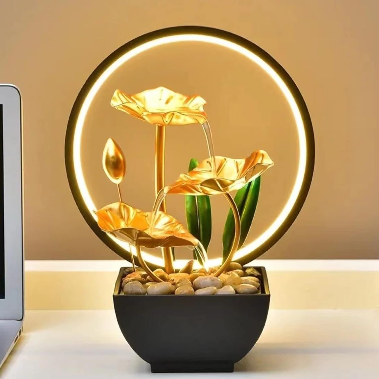 Tuzsocr Zimmerbrunnen LED, Tischbrunnen mit Beleuchtung Wasserfall, Moderne Zen Deko mit geräuschloser Pumpe, Entspannung Meditationsdekoration für Haus, Büro, Garten, Wohnzimmer, H 28 cm