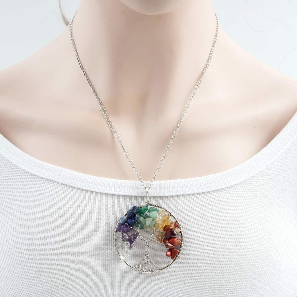 Baum des Lebens Anhänger Halskette, Edelstein Chakra-Anhänger, Kupfer Chakra Edelstein Halskette, Lebensbaum Halskette, 7 Stein Chakra Reiki Energietherapie Heilung Fashion Schmuck, für Damen Herren