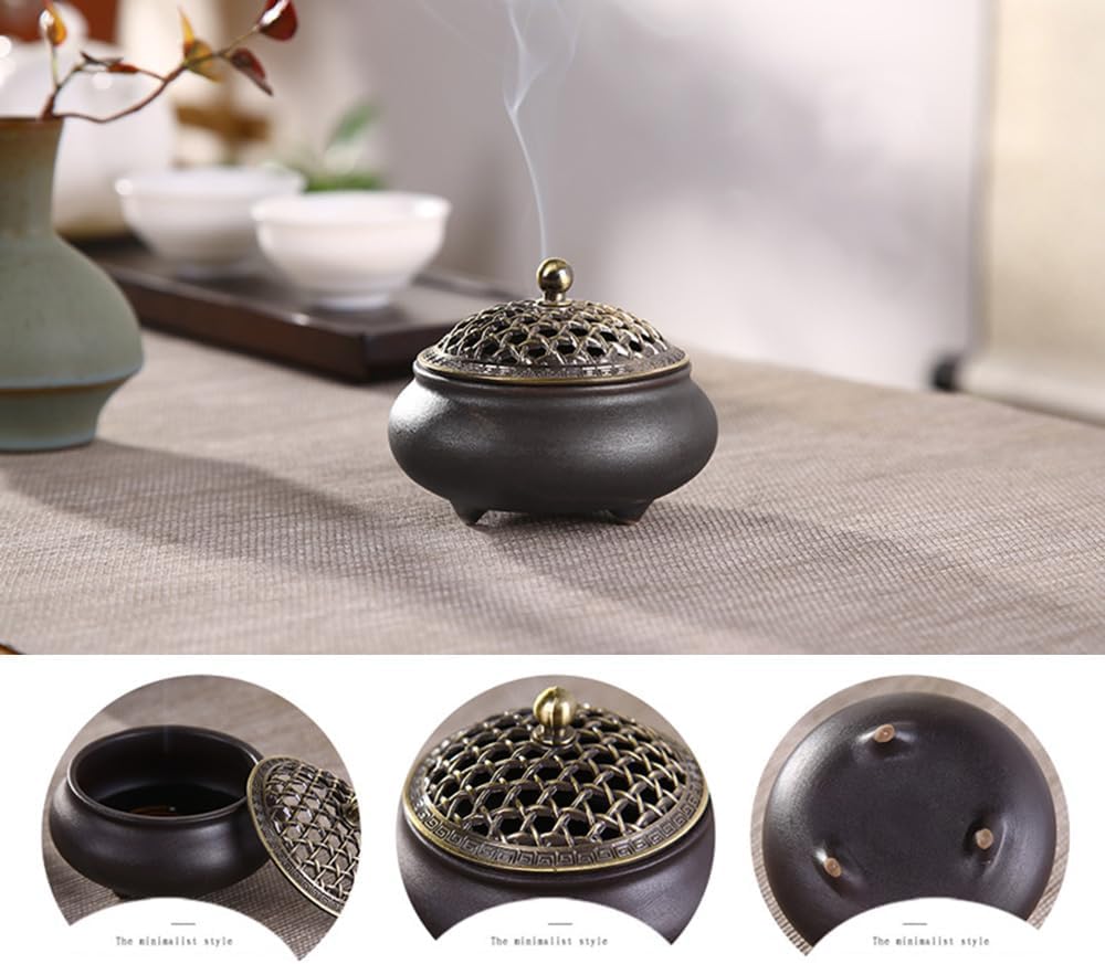Weihrauchbrenner Keramik, Räuchergefäß Räucherstäbchenhalter, Chinesisch Porzellan Räucherschale mit Feuerfeste Matte und Metall Deckel, Incense Burner für Home Deko Geschenk