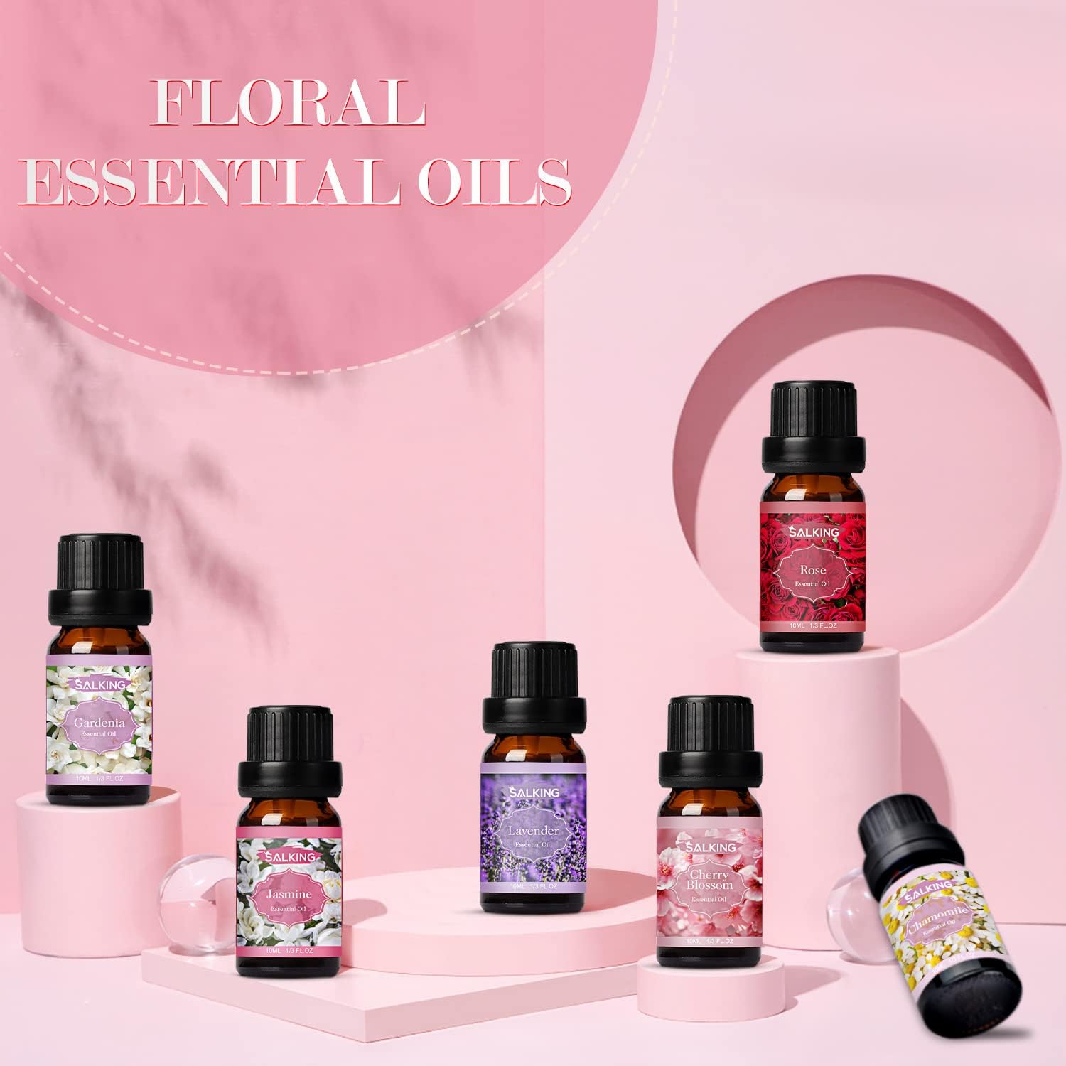 SALKING Essential Oils Set, Aromatherapy Fragrance Oil Gift Set, 100% Pure Fragrance Oils for Diffuser, Oil Lamps, Humidifier, Massage, 6 x 10 ml (Lavender, Rose, Cherry Blossom, Jasmine, Gardenia,