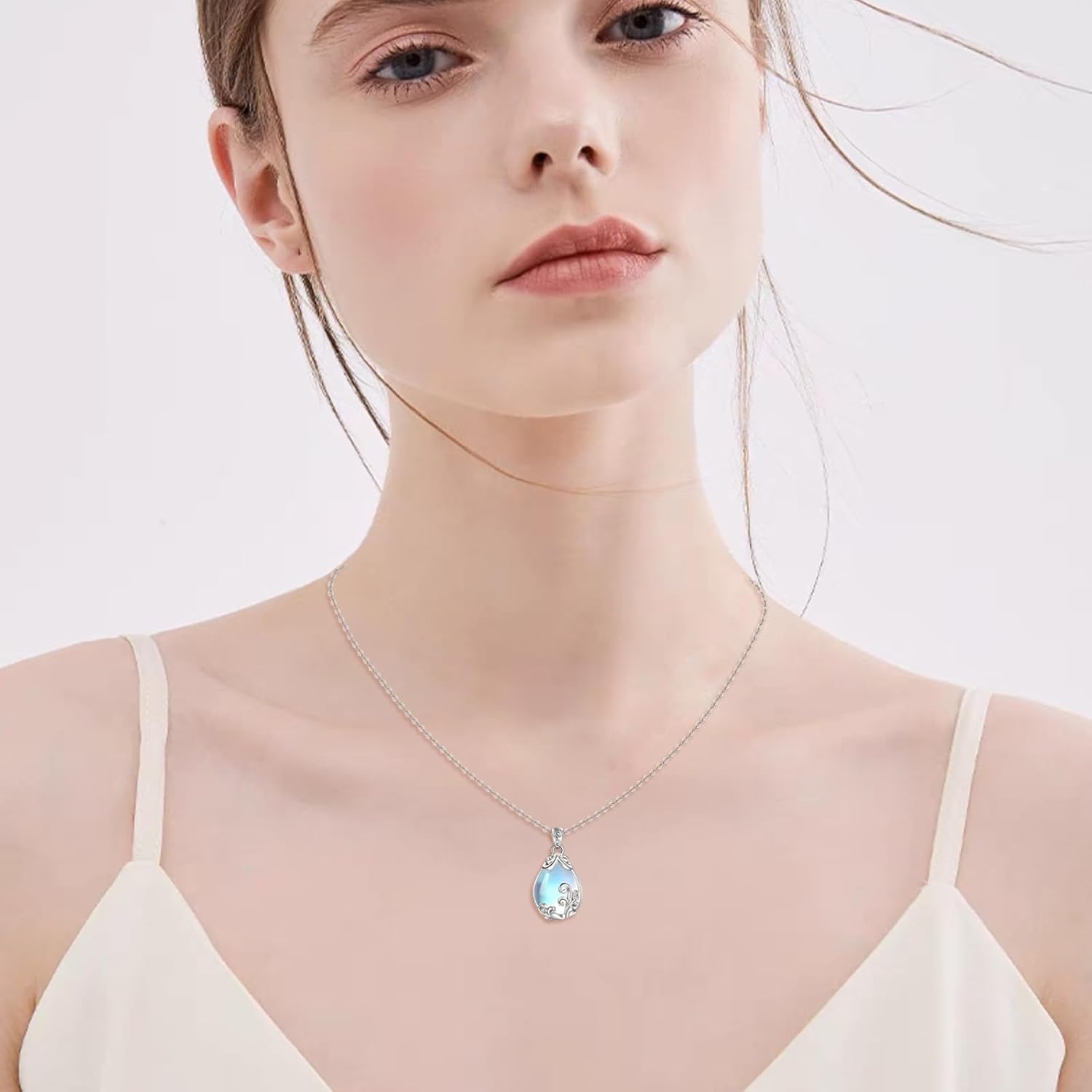 POPLYKE Sterling Silver Gemstone Filigree Teardrop Pendant Necklace Crystal Jewellery for Women