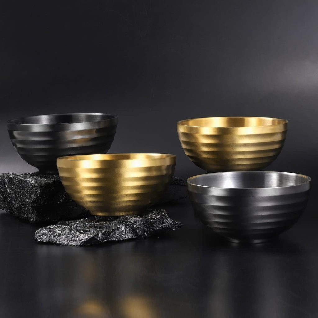 4er Edelstahl Schüsseln Doppelschicht Isolierte Nudelsuppe Schüssel Reis Schüssel Salat Schüssel Müslischalen, Schüsseln für Obst Getreide Snack Vorspeise, Geschirrspüler Sicher (Gold&Schwarz,14cm)