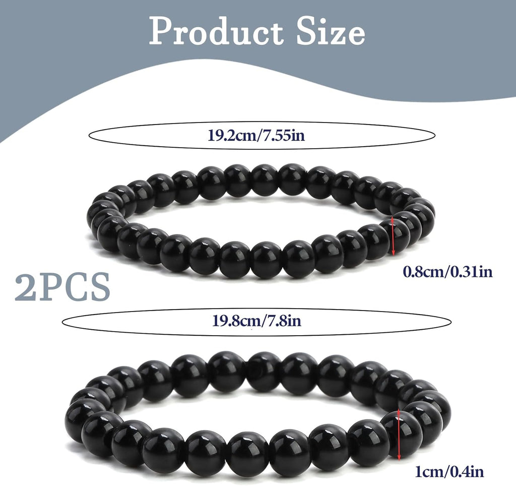 Pack of 2 Black Tourmaline Bracelets, MM Gemstone Bracelet, Natural Stone Bracelet, Large Stretchy Bracelet, Balls on Elastic Nylon Thread, Hand-Made, 18 centimetres, 100% brand
