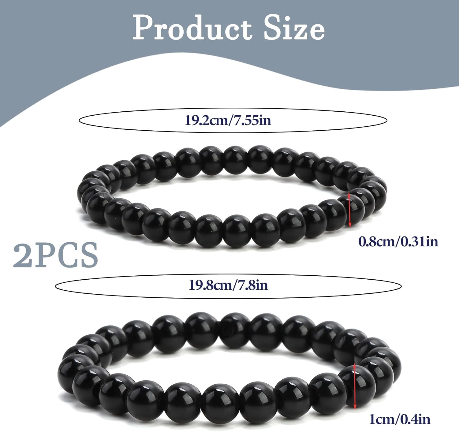 Pack of 2 Black Tourmaline Bracelets, MM Gemstone Bracelet, Natural Stone Bracelet, Large Stretchy Bracelet, Balls on Elastic Nylon Thread, Hand-Made, 18 centimetres, 100% brand