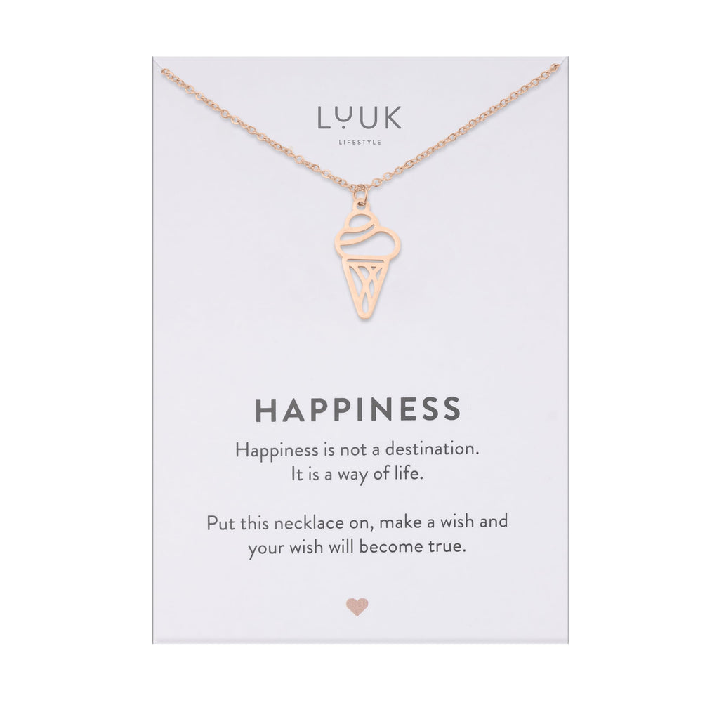 LUUK LIFESTYLE Filigrane Halsketten mit Anhänger und Karte mit HAPPINESS Spruch, zeitloses Design und moderne Motive, in Silber, Gold und Rosegold