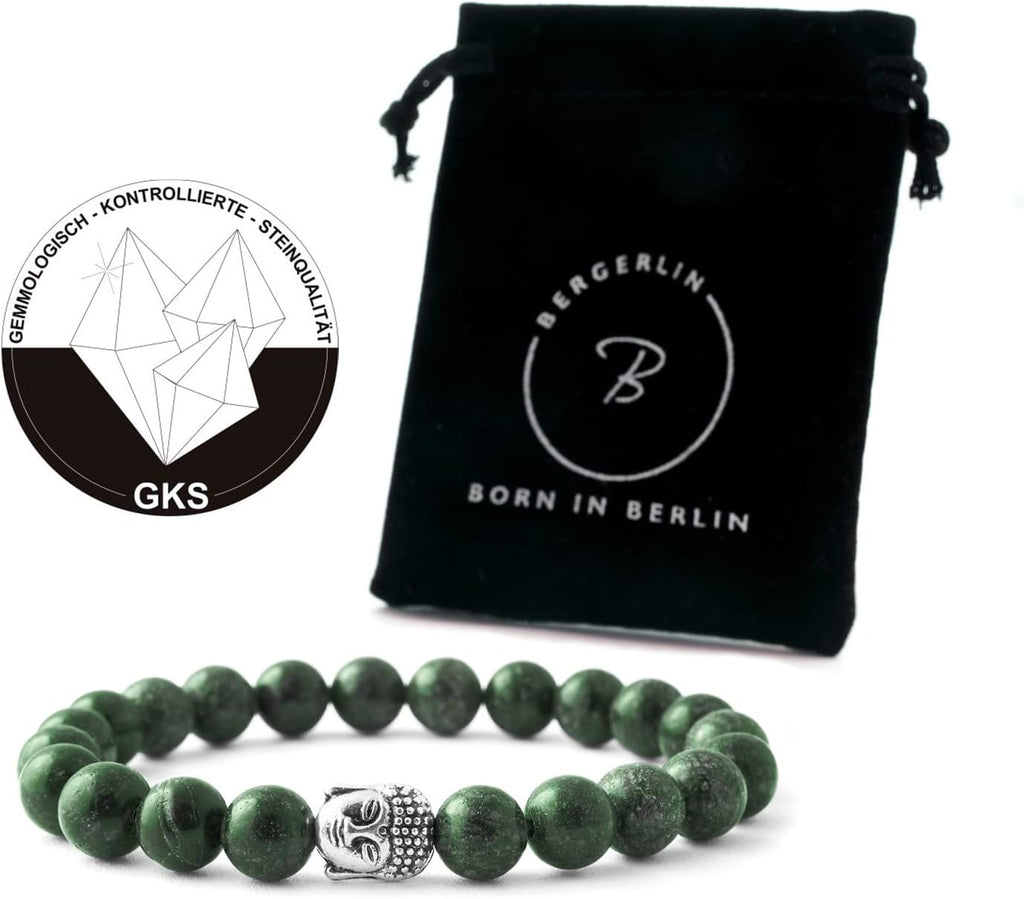 BERGERLIN Buddha Armband - Naturstein geprüft in Deutschland, mit echten Naturstein oder Lavastein Perlen - Naturstein Armband mit Echtheitszertifikat für Damen und Herren
